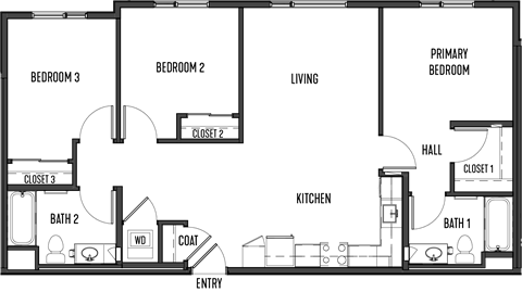 Floor plan for 3 beds, 2 baths, 1067 sqft